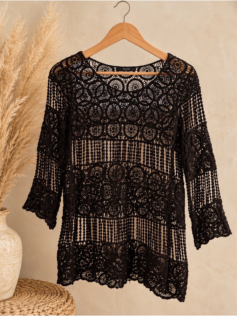Dulcie Women's Boho Black Crochet Lace Pullover Top
